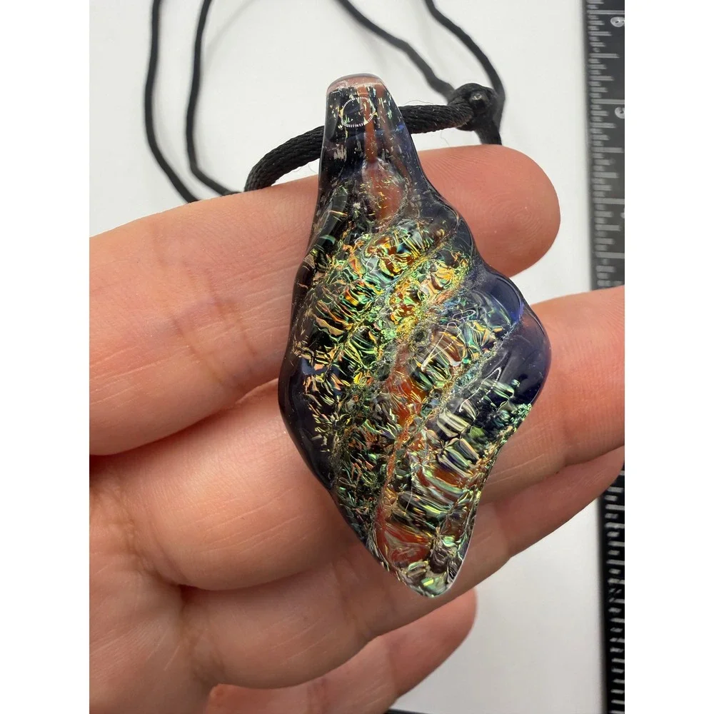 Dichroic Art Glass Pendant‎ Necklace Iridescent Blue Gold Lampwork Adjustable